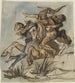 a painting of a bearded man accompanied by a bird on a galloping horse, three figures trying to defeat the other - Victor Müller — artwork view
