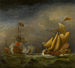 Ein englisches Kriegsschiff grüßt ein englisches Königsyacht in unruhigen Meeren - Kreis von Willem van de Velde der Jüngere — Ansicht des Kunstwerks