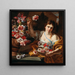 a young woman picking a flower from a vase - Abraham Brueghel — framed artwork on a wall