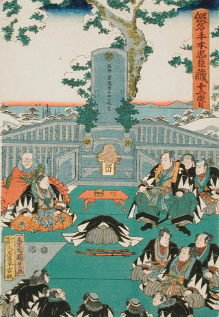 Utagawa Kunisada Toyokuni III - Act XI End The Rnin Paying Homage to the Tomb of Enya at the Temple Sengakuji Having Brought the Head of Moronao as an offering.webp