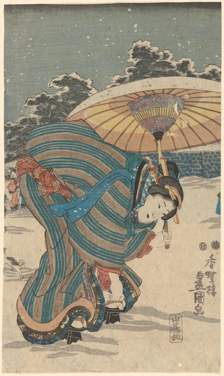Utagawa Kunisada Toyokuni III - Snow Scene Woman Bending to Adjust Shoe.webp