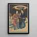 Snow scene, woman in blue, man in red and blue under a black and white umbrella - Utagawa Kunisada Toyokuni III — framed artwork on a wall