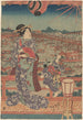 Woman and child in purple kimono overlooking boats and a bridge - Utagawa Kunisada Toyokuni III — artwork view