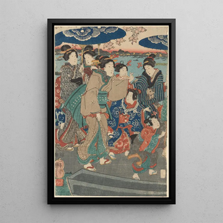 Utagawa Kuniyoshi - Seven Female Figures Two Umbrellas river in background.webp