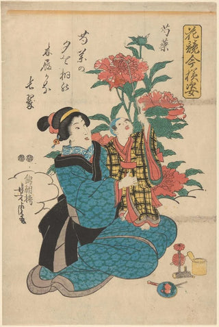 Utagawa Kuniyoshi - Woman in Blue Kimono Holding Child Looking at Peonies.webp