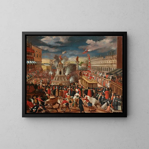 Das Karnevals-Festival mit den Forze d'Hercule an der Piazetta in Venedig - Venezianische Schule — gerahmtes Bild an der Wand