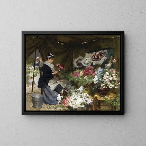 Eine Floristin, die ihre Blumensträuße vorbereitet - Victor Gabriel Gilbert — gerahmtes Bild an der Wand