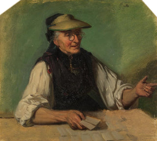 Vieille Schwarzwaldienne avec un ombre de yeux et des cartes à jouer dans la main droite assise derrière une table - Johann Baptist Kirner