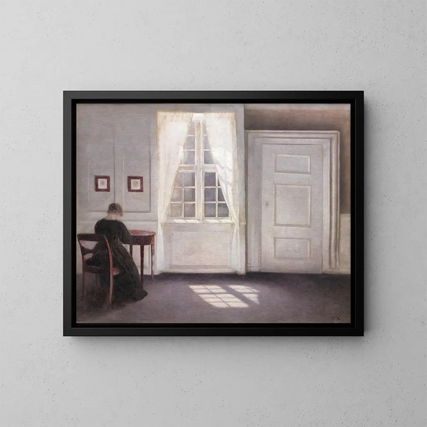 Innenraum-Gemälde an der Strandgade, Sonnenlicht auf dem Boden - Vilhelm Hammershøi — gerahmtes Bild an der Wand