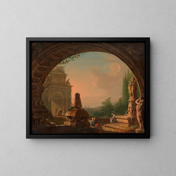Paesaggio orientale fantastico visto attraverso un'arcata - Vinzenz Fischer — quadro incorniciato alla parete