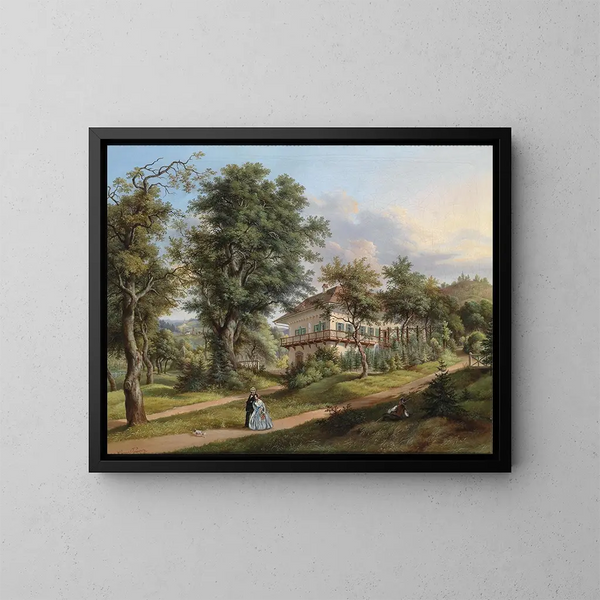 Landschaft im Park mit Spaziergängern - Vinzenz Kreuzer — gerahmtes Bild an der Wand