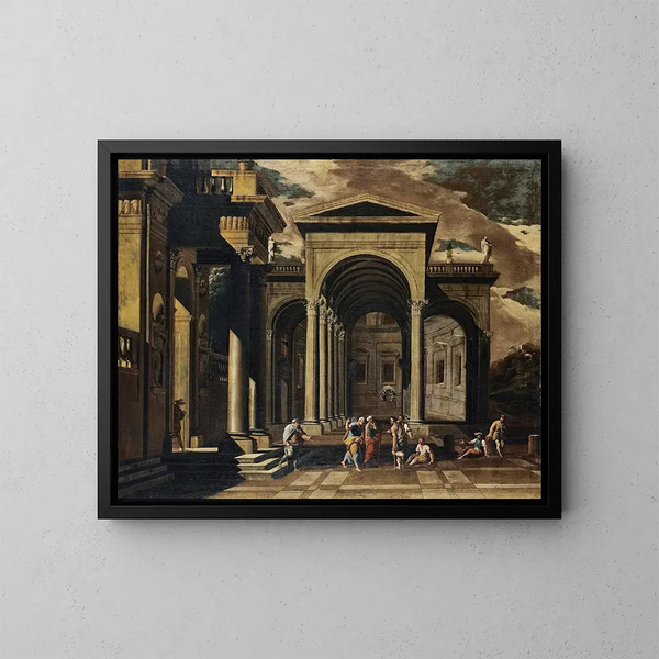 Un caprice de l'extérieur d'un palais élaboré avec saint Pierre guérissant les boiteux - Viviano Codazzi — quadro incorniciato alla parete