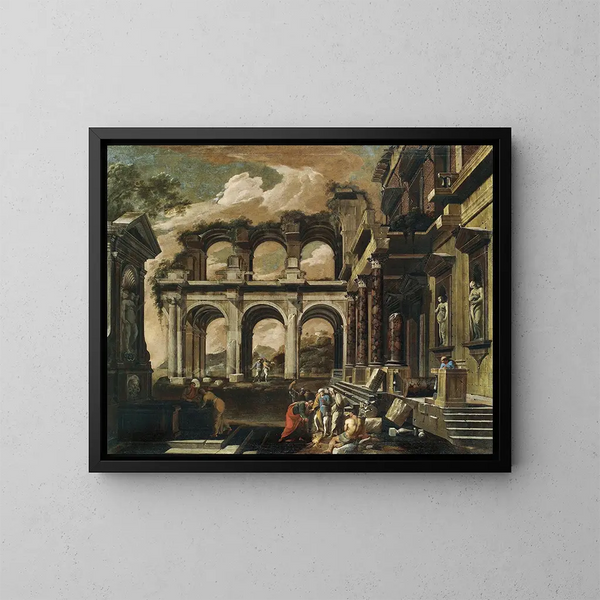Un capriccio della corte interna di un palazzo in rovina con il miracolo di san Paolo - Viviano Codazzi — quadro incorniciato alla parete