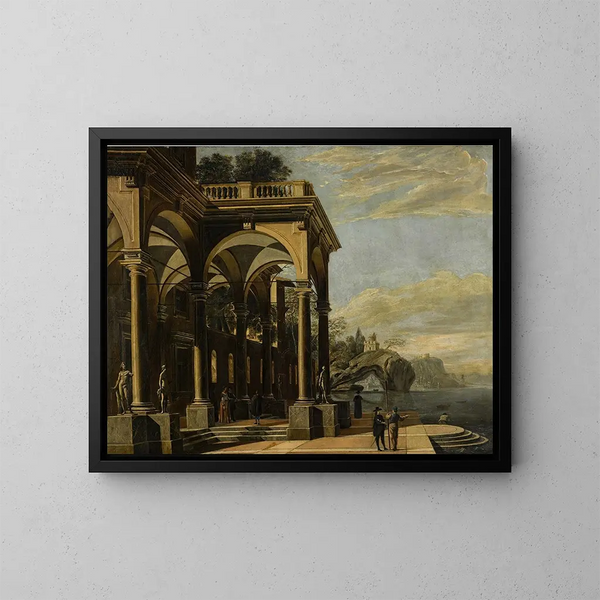 Un caprice architettonico con figure sotto un portico a colonne, un castello su un arco marino e un villaggio costiero oltre - Viviano Codazzi — quadro incorniciato alla parete