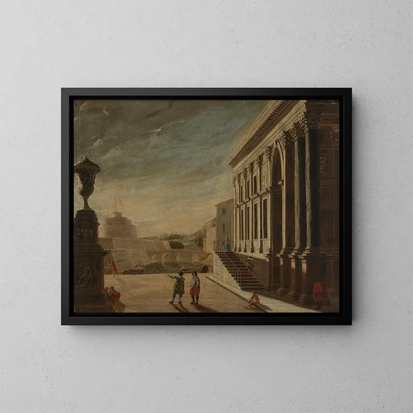 Vista fantasiosa romana con vista sul castello Sant'Angelo - Viviano Codazzi — quadro incorniciato alla parete