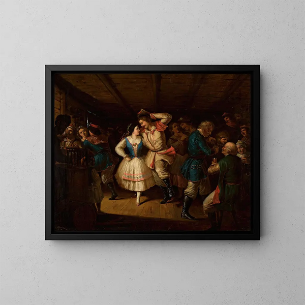 Tänzerische Volkskunst aus der Region Krakau in einer Taverne - Władysław Bakałowicz — gerahmtes Bild an der Wand