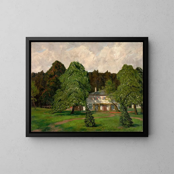 Casa dietro castagni in fiore - Walter Leistikow — quadro incorniciato alla parete