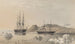 HMS Assistance towing by the Pioneer, Captain Sherard Osborn, passing Mount John Barrow north of Wellington Channel 1853 - Walter William May — artwork view