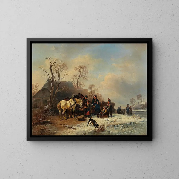 Eine Winterszene mit Kindern und Pferden - Wilhelm Alexander Meyerheim — gerahmtes Bild an der Wand
