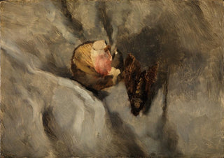 Wilhelm Leibl - Totenkopfschmetterling mit Pilz auf weiem Tuch.webp