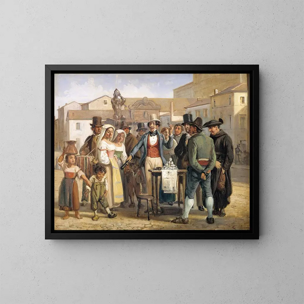 Un ciarlatano che vende lucido sulla piazza Barberini a Roma - Wilhelm Marstrand — quadro incorniciato alla parete