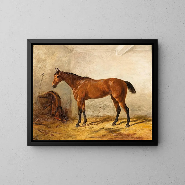 Ein brauner Hengst in einer Stallung mit Satteldecke - Wilhelm Richter — gerahmtes Bild an der Wand