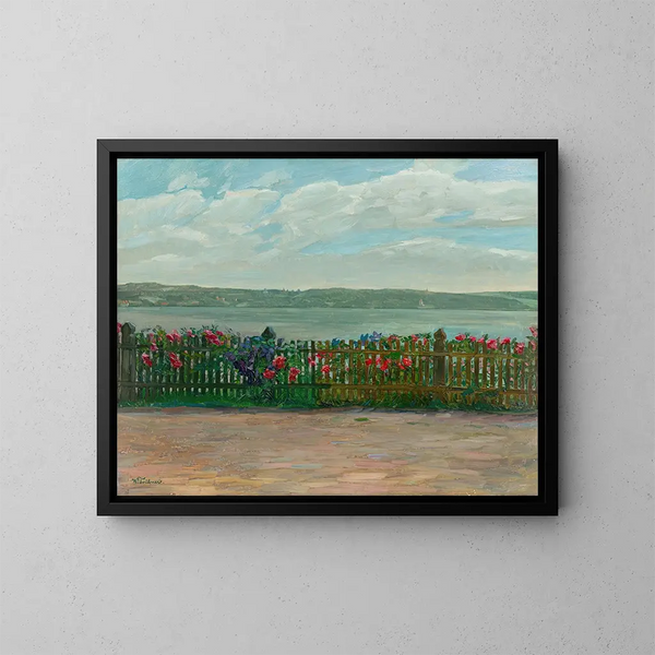 Recinzione di rose con vista sul castello di Berg sul lago di Starnberg - Wilhelm Trübner — quadro incorniciato alla parete