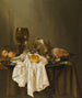 Eine Stillleben von Banketje mit einem Roemer Eine silberne Tasse an der Seite Ein Schinken Pfirsiche Ein Salzstreuer Ein kleines Brot Und eine weiße Tischdecke Auf einem teilweise gedeckten Tisch - Willem Claesz. Heda — Ansicht des Kunstwerks