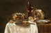 Olive in a blue and white porcelain bowl, wine glasses, an overturned silver tazza, and a pie - Willem Claesz Heda — artwork view