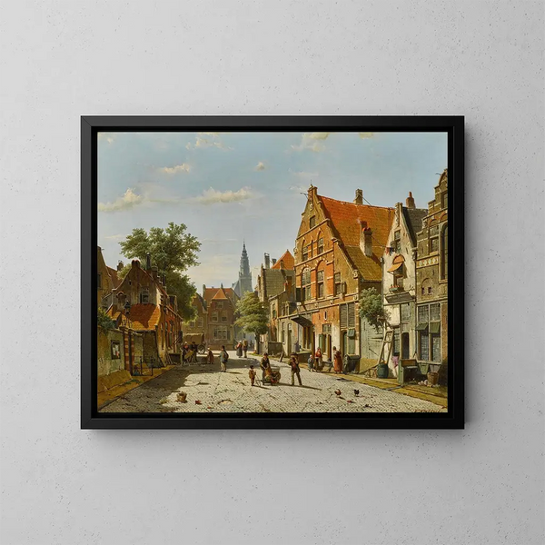 Eine sonnige Straße mit einem entfernten Kirchturm - Willem Koekkoek — gerahmtes Bild an der Wand