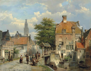 Willem Koekkoek - Figures on a bridge by a Dutch canal.webp