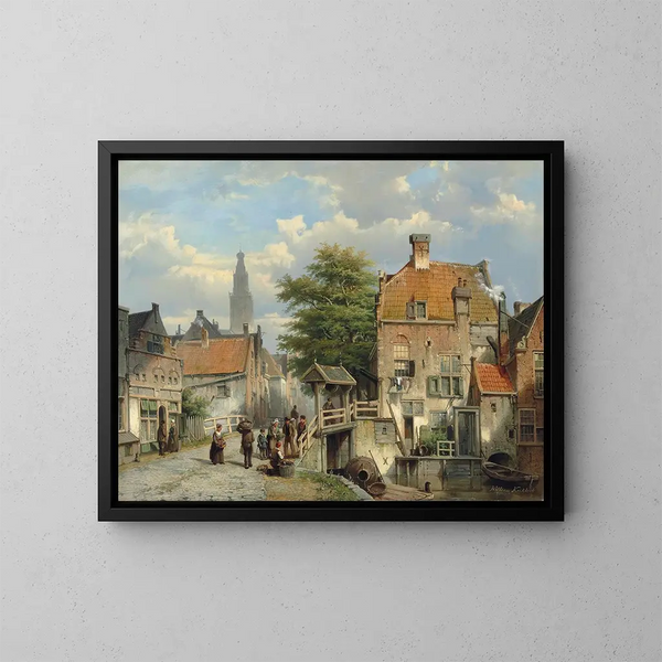 Figuren auf einer Brücke am Ufer eines niederländischen Kanals - Willem Koekkoek — gerahmtes Bild an der Wand