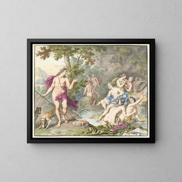 Actéon überrascht Diana und ihre Nymphen - Willem Van Mieris — gerahmtes Bild an der Wand