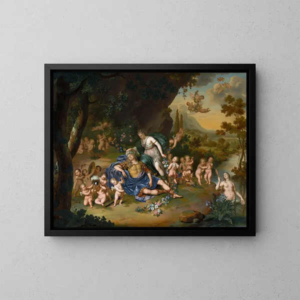 Armide, die Rinaldo schlafend mit Blumen verbindet - Willem Van Mieris — gerahmtes Bild an der Wand