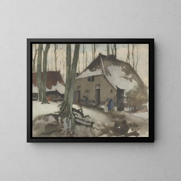 Frau vor einem Haus in einem verschneiten Wald - Willem Witsen — gerahmtes Bild an der Wand