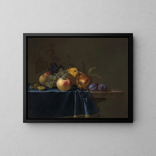 Pfirsiche, Trauben, Granatapfel und Pflaumen auf einer Entablature - Willem van Aelst — gerahmtes Bild an der Wand