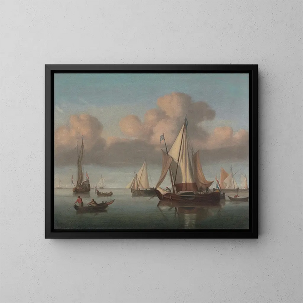 Un kaag au mouillage avec les voiles hissées et un yacht d'État et d'autres navires - Willem van de Velde le Jeune — quadro incorniciato alla parete