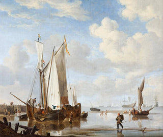 Willem van de Velde the Younger - A wijdschip and a kaag in an inlet close to a seawall.webp
