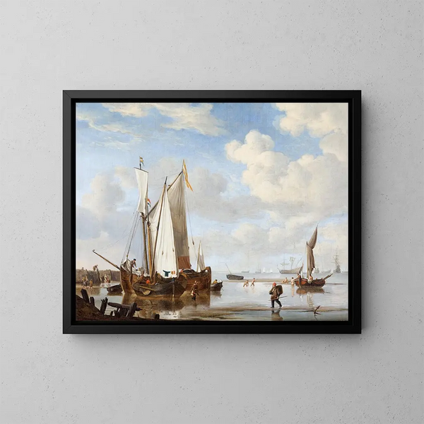 Un wijdschip et un kaag dans une crique près d'un mur de mer - Willem van de Velde le Jeune — quadro incorniciato alla parete