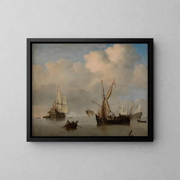 di mare calmo con due piccole navi olandesi all'ancora fianco a fianco - Willem van de Velde il Giovane — quadro incorniciato alla parete