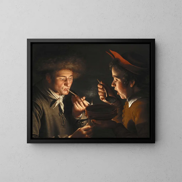 Ein Mann, der raucht, und ein anderer Mann, der bei Kerzenlicht isst - Willem van der Vliet — gerahmtes Bild an der Wand