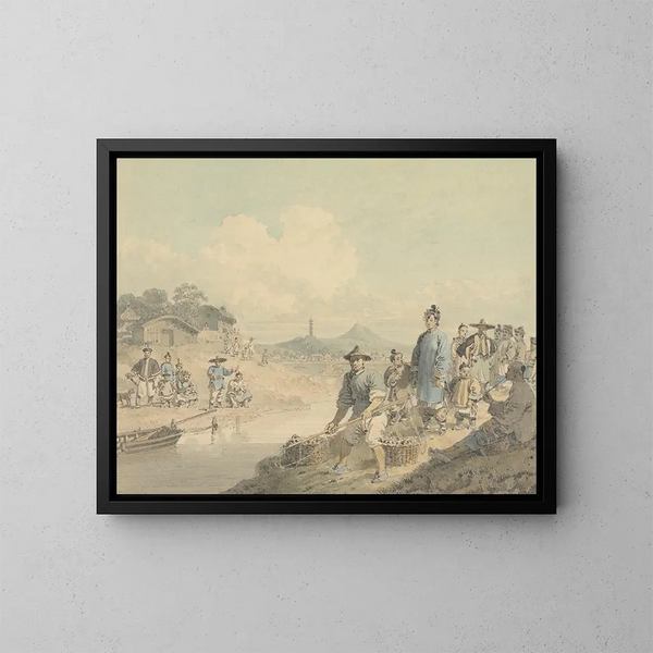 Vue en Chine avec figures, pagode et montagne - William Alexander — gerahmtes Bild an der Wand