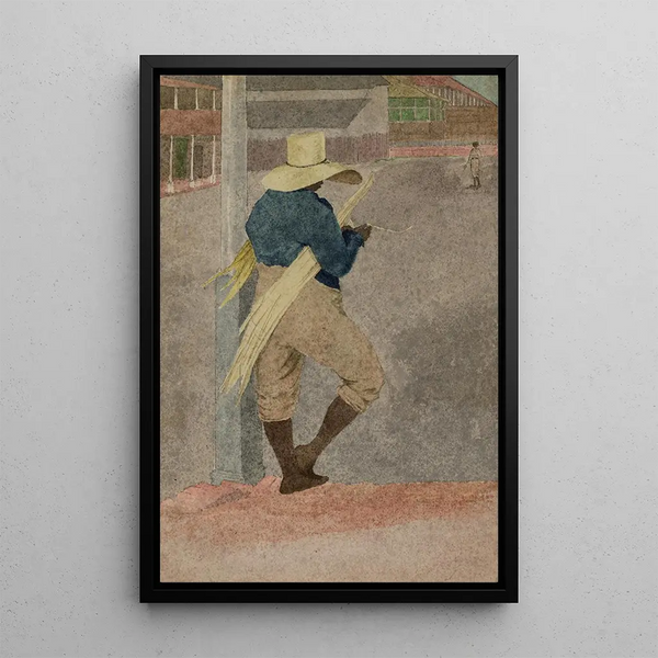 William Berryman - Negro man in straw hat standing stripping cane.webp