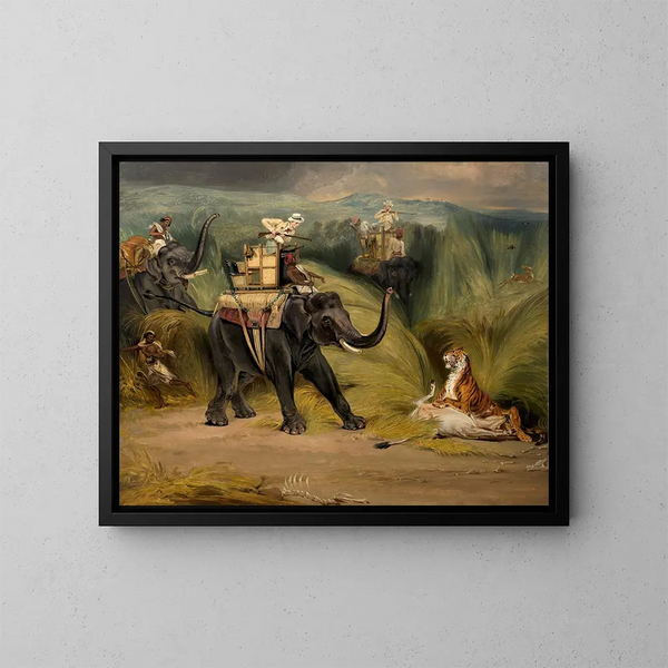 Incontro fortuito con una tigre durante una battuta di caccia all'elefante in India - William Henry Florio Hutchinsson — quadro incorniciato alla parete