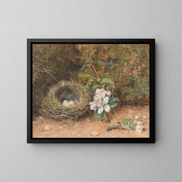Nido di uccelli con rami di fiori di melo - William Henry Hunt — quadro incorniciato alla parete