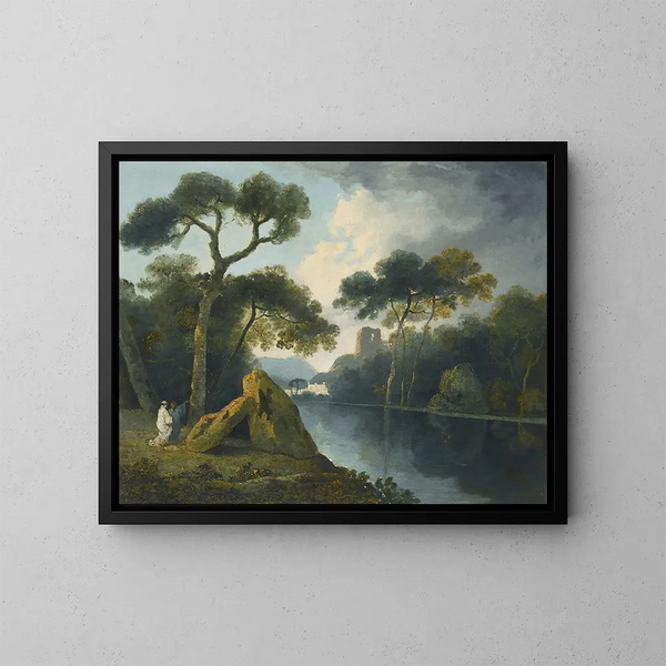 Un paesaggio fluviale con monaci conversanti vicino a megaliti con rovine in lontananza - William Hodges — quadro incorniciato alla parete