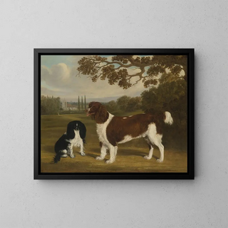 William Nedham - A Toy Spaniel and a Springer Spaniel in a Landscape a Church in the Distance.webp