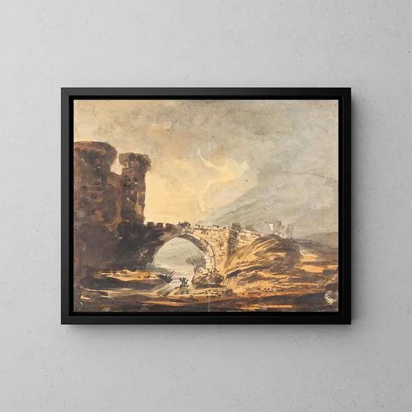 Landschaft mit einem Schloss und einer Brücke - William Payne — gerahmtes Bild an der Wand