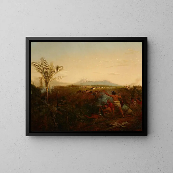 Ansicht des Mount Egmont, Taranaki, Neuseeland, aufgenommen von New Plymouth mit Maoris, die das Vieh der Siedler jagen - William Strutt — gerahmtes Bild an der Wand