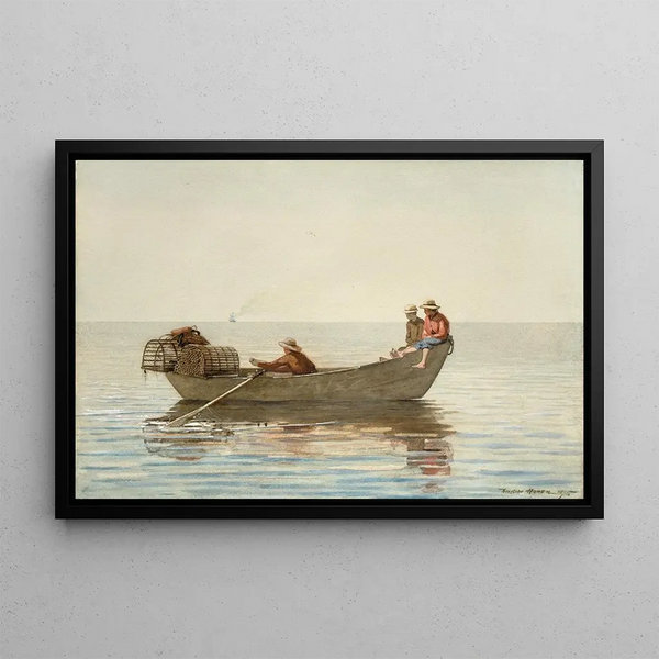 Drei Jungen in einer Doris mit Hummerkästen - Winslow Homer — gerahmtes Bild an der Wand